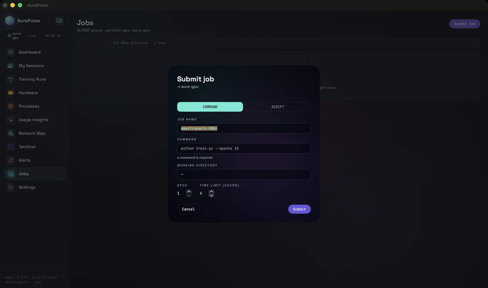 AuraPulse-S jobs view showing the SLURM queue and a job submission panel